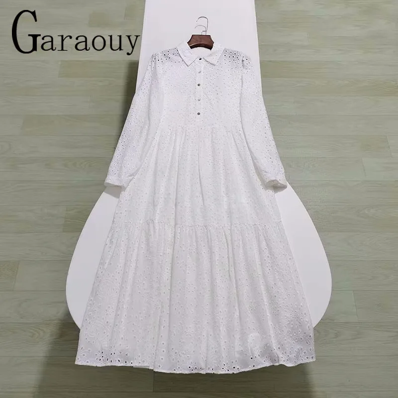 Garaouy 2023 Women Elegant Embroidered Lace Dress White Female Splicing Dress Floral Hollow Out Loose Casual Party Vestidos Robe