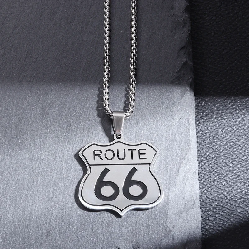 Fashion Route 66 Mother Road Pendant Stainless Steel Necklace Mens Womens Vintage Bike Race Party Jewelry