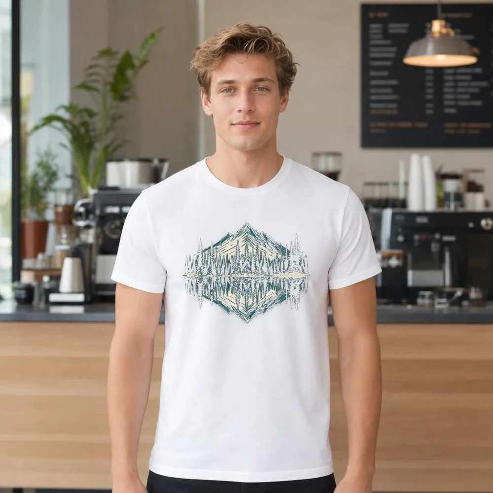 Men T Shirt Mountain Forest Lake Reflection Graphic Outdoor Hiking Short Sleeve Summer Vacation Top