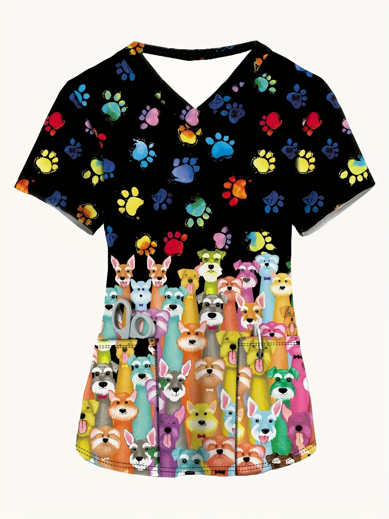 

Women's Cute Animal Print V Neck Surgical Gown Top with Pockets Polyester Knit Fabric Regular Length Spring Summer Nurse Uniform