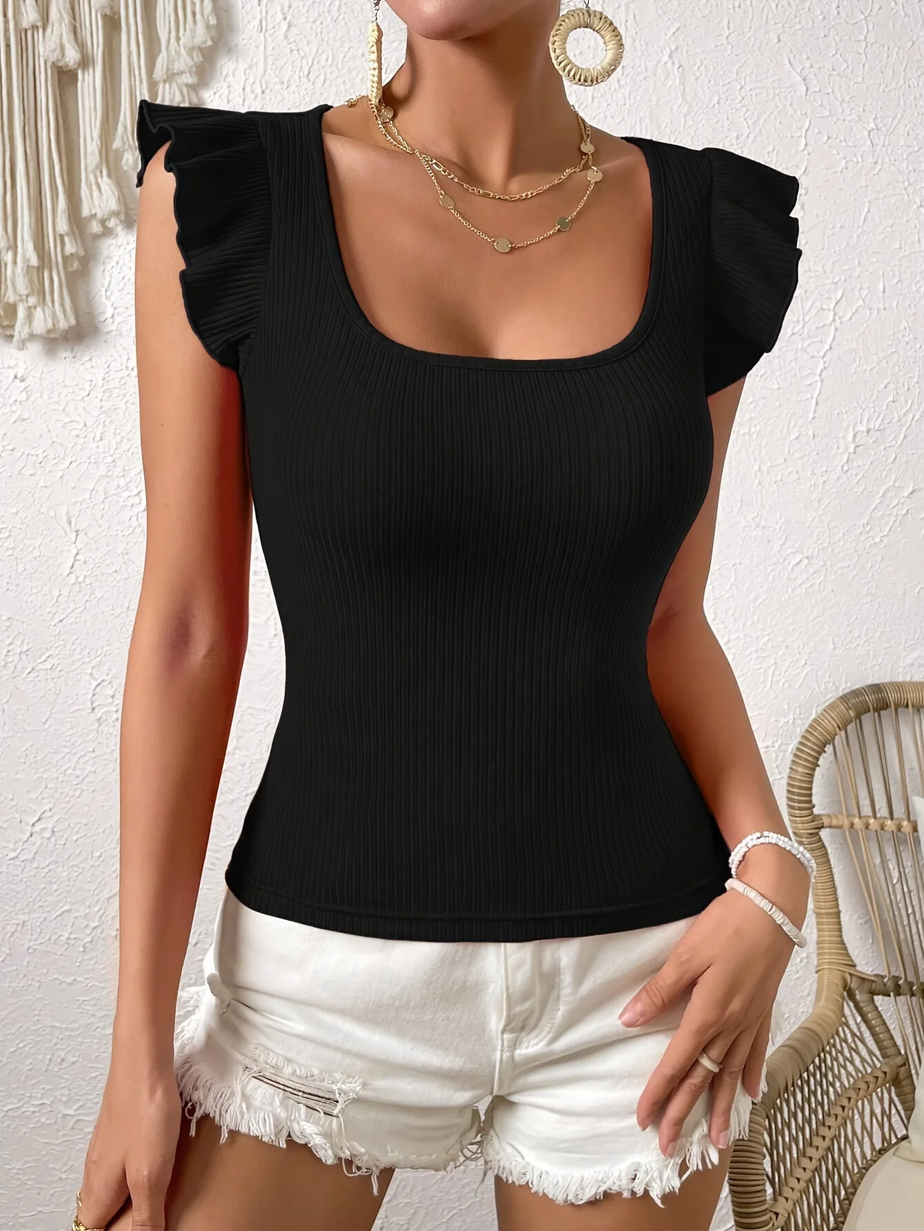 Solid O-Neck Tops Ruffle Knitted T-Shirt Sleeveless Elegant Women Short Sleeve Fashion Slim Lady Clothes Spring Summer