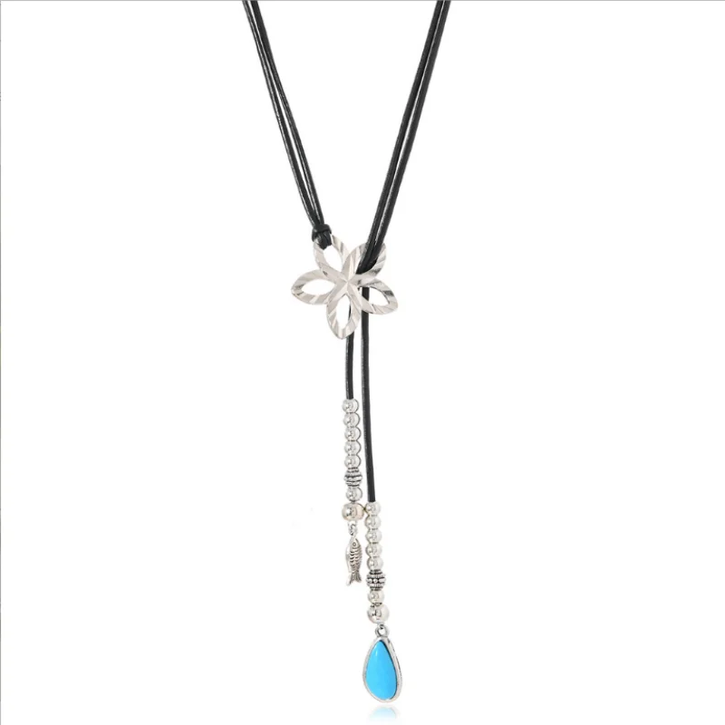 Vintage Beach Style Alloy Flower PU Leather Adjustable Long Women's Pendant Necklace