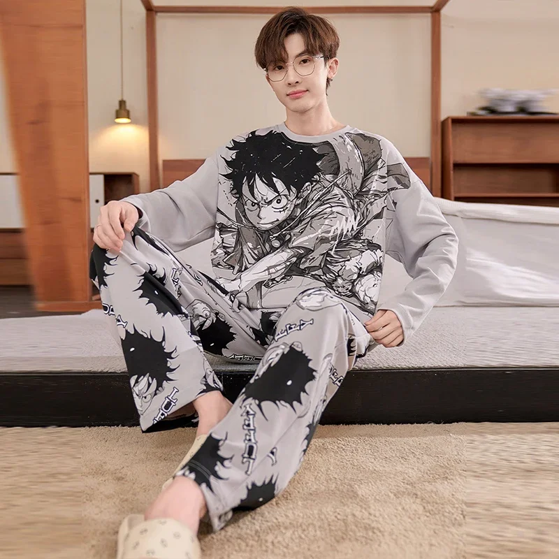 ONE PIECE Luffy autumn pure cotton long-sleeved trousers two-piece set men\'s pajamas casual loungewear pajamas pants set