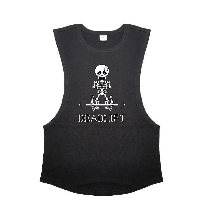 Human Skeleton Deadlift Barbell Gym Sport Clothing Mens Bodybuilding Fitness Muscle Tank Tops Summer Cotton Open Side T-shirts