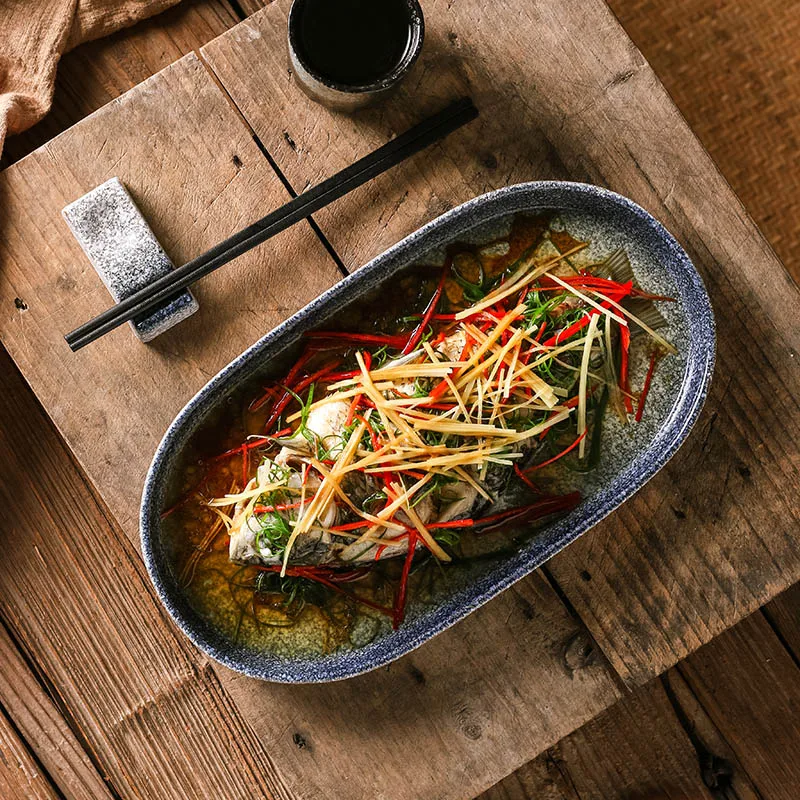 Japanese Oval Retro Dish, Home Large Steamed Fish Dish, Creative and Personalized Restaurant Ceramic Dish