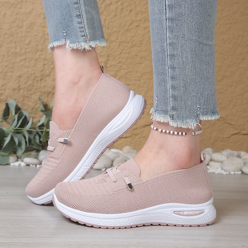 Ladies Slip On Knit Mesh Walking Shoes 1.18 Inch Height Increasing Non-Slip Lightweight Thick Sole Casual Sport Trainers