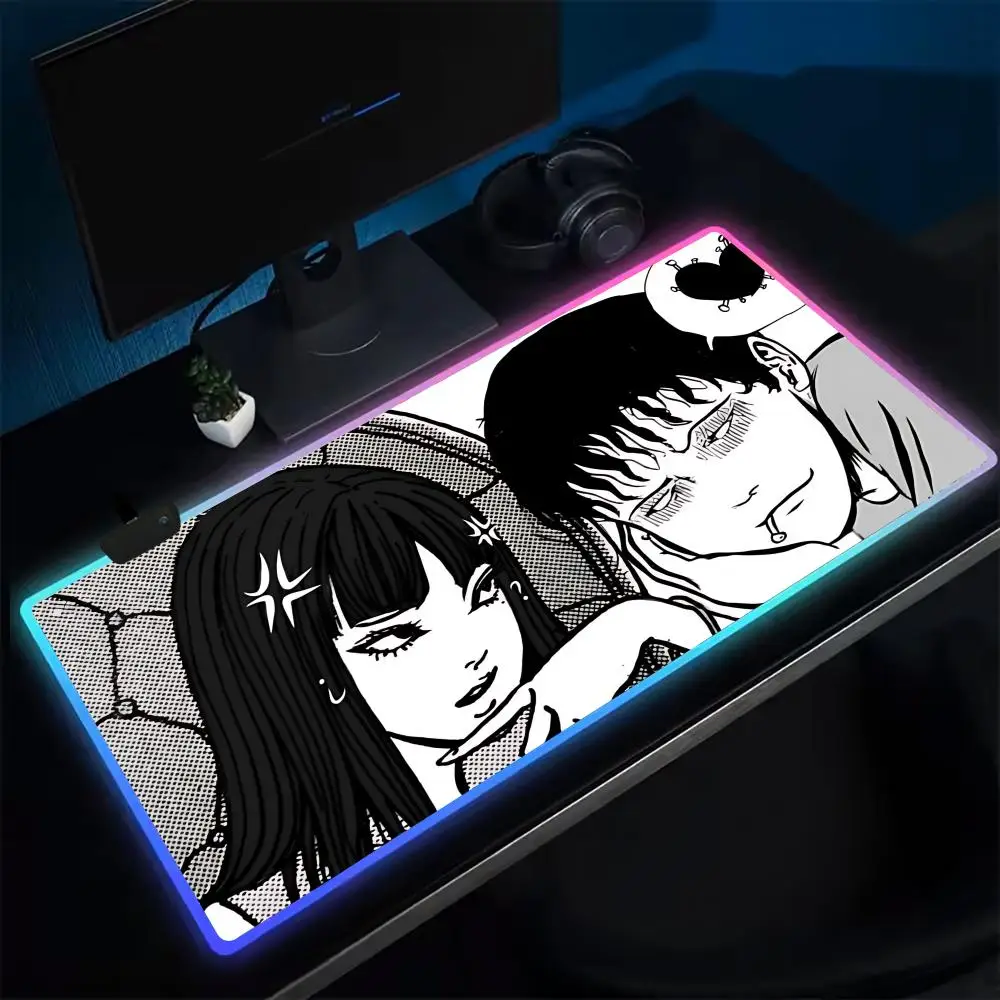 Scary T-Tomie kitty Mouse Pad Anime Gaming Mouse Pad LED Table Pads Backlit Rubber Desktop XXL Mousepad RGB Desk Mats