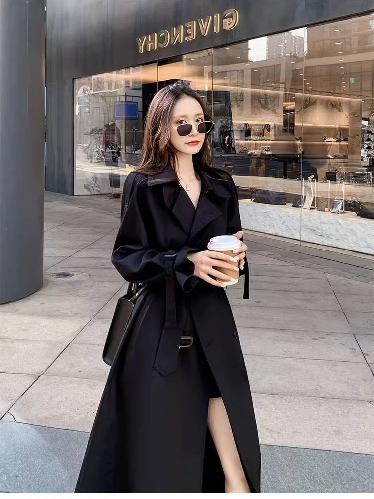 [oein] 2024   Black Trench For Women  New Autumn Season British Mid Length Over Knee Korean Style Slimming Temperament Coat