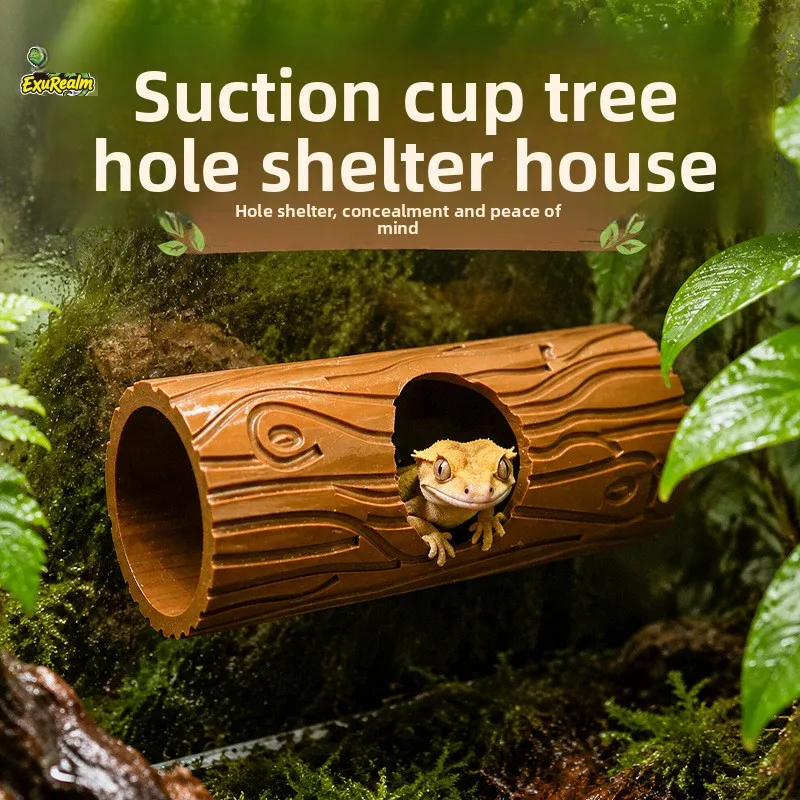 Reptile Suction Cup Hide – Artificial Tree Trunk for Crested & Giant Geckos, Wall Mounted Climbing Shelter & Decor for Terrarium