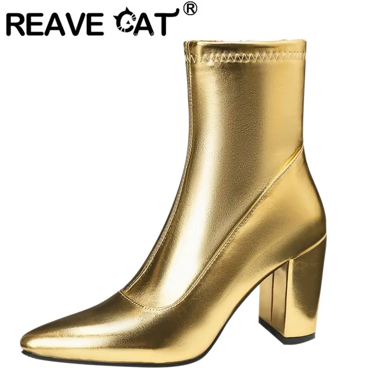 

REAVE CAT 2025 Роскошные женские ботильоны с острым носком на массивном каблуке 8,5 см на молнии размера плюс 44 45 46 Модные женские ботильоны для свиданий Bota 33