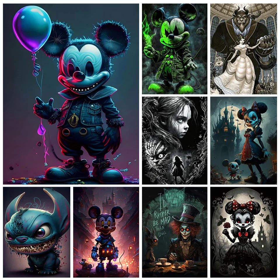 5D Diamond Painting Horror Mickey and Minnie Mouse Mosaic Art Gothic Disney Cartoon Alice Beauty and the Beast Home Decor Gift