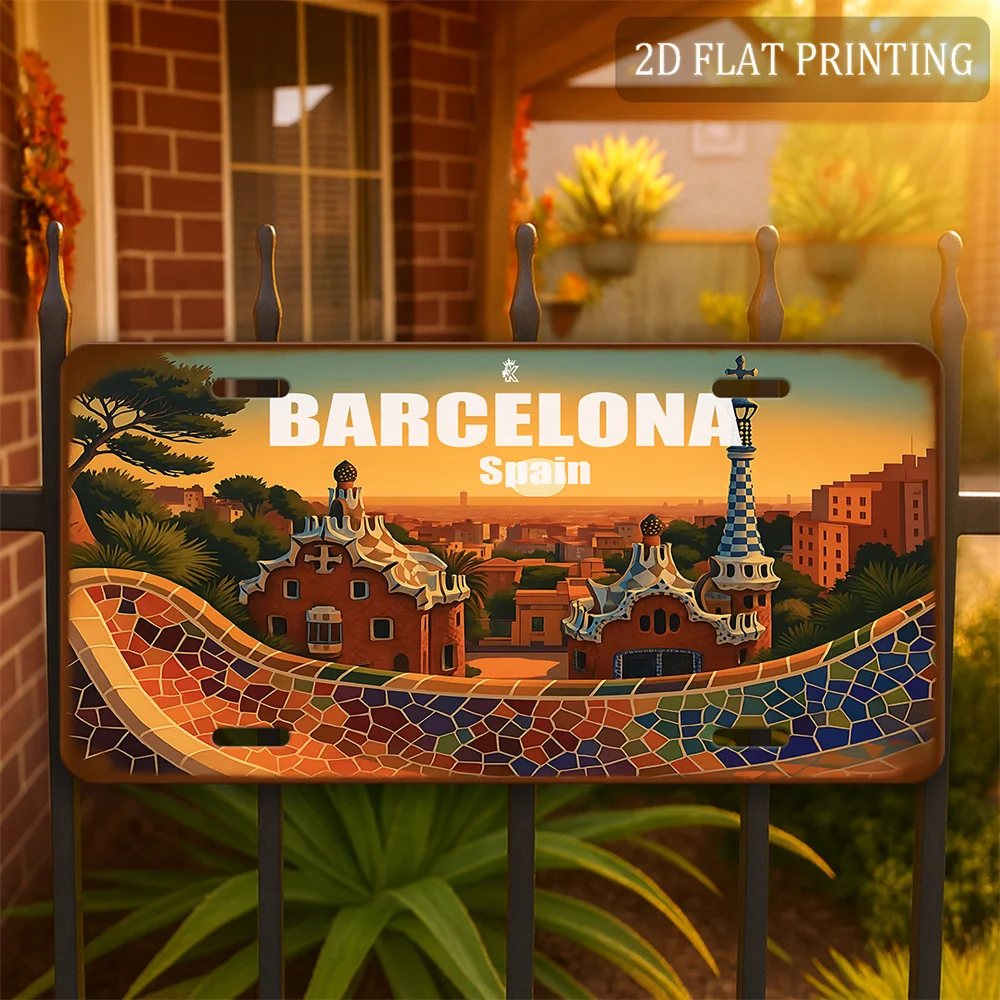2D Flat - 1pc 2D Flat Gaudi Park Landscape Vintage Metal Sign | Barcelona Spain Aluminum Plate (30.48cm x15.24cm), Rust Edge Art