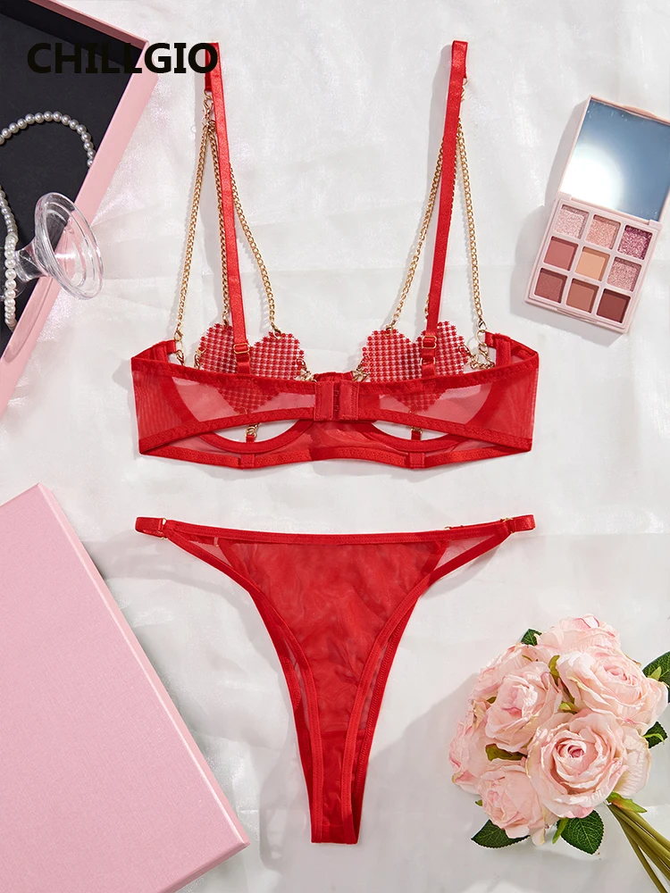 CHILLGIO Women Love Metal Chain Bra Brief Suit See Through Bra Chic Hollow Erotic lingerie Push Up Underwire Underwear Panty Set image 2