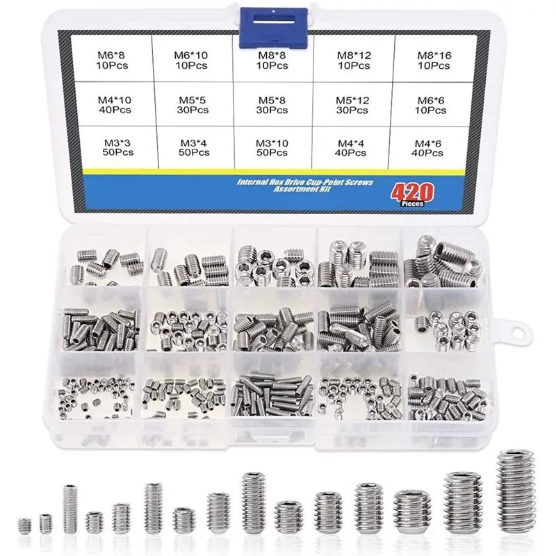 AC88-Internal Hex Drive Grub Screw 420Pcs M3//M5/M6/M8 Allen Head Socket Set, 304 Stainless Steel Screw Assortment Kit