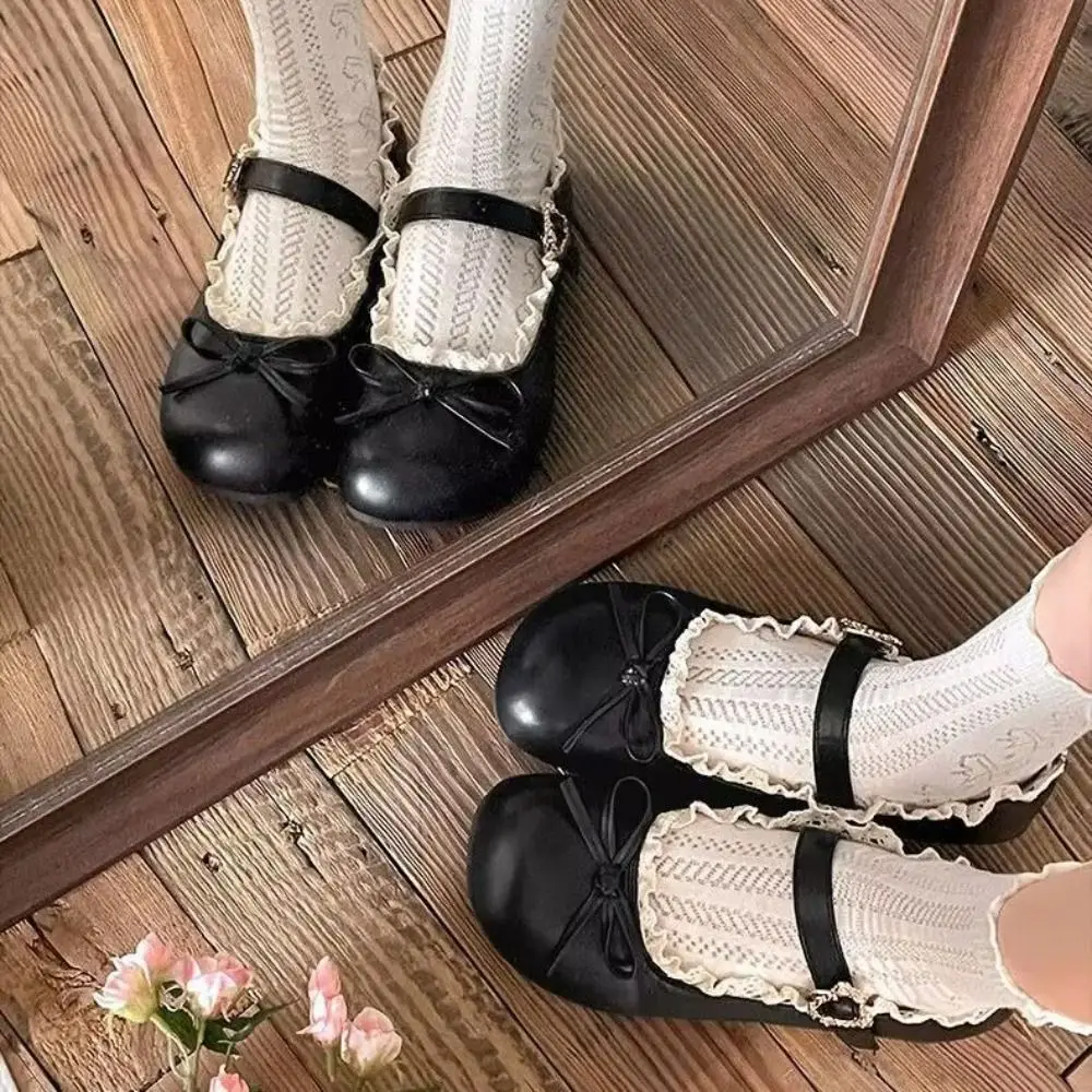 Fashion PU Leather JK Flat Shoes Bow Sweet Casual Ballet Flats Soft Sole Lace Ruffled Mary Jane Shoes Party