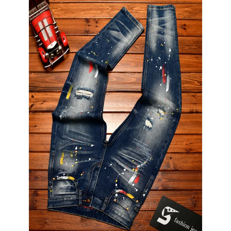 Paint Print Retro Jeans for Men Street Style Trendy Handsome Men's Clothing Distressed Slim Fit American Style Men's Pants