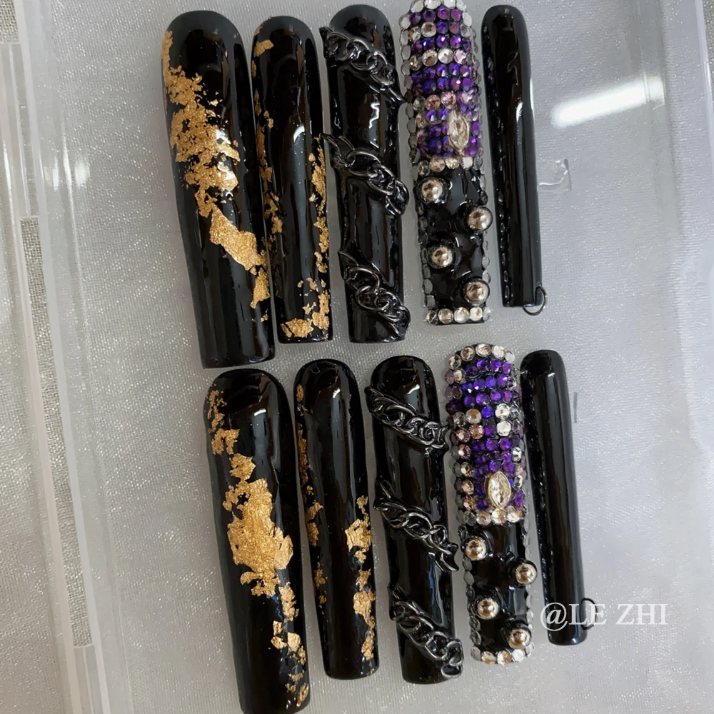 XXL Long Coffin Diamond French Full Coverage Nails Personality Metal Chain Press on Nails Color Sizes Can Be Customized Nails