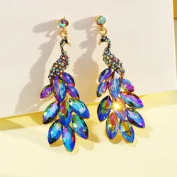 FARLENA Colorful Crystal Peacock Drop Earrings for Womne Wedding Party Prom Christmas Accessories Charm Trend Ear Nail Gift