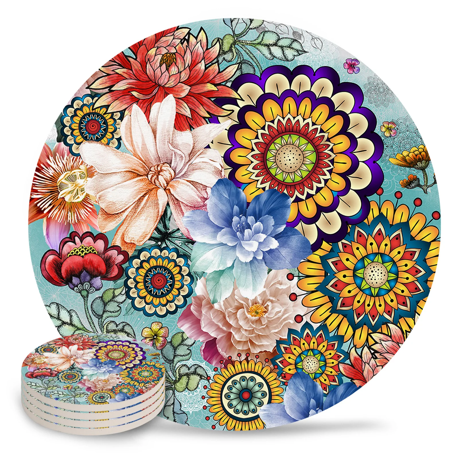 Bohemian Mandala Flower Ceramic Coaster Set Kitchen Table Round Placemat Luxury Decor Coffee Tea Cup Coasters