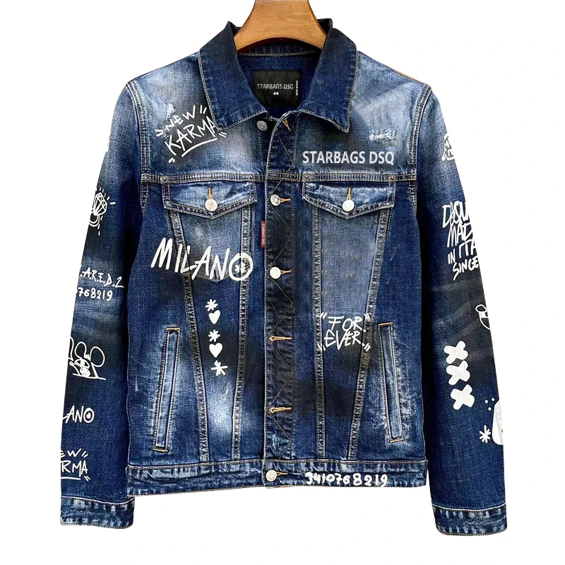 Men's denim jacket starbags dsq 1920 punk hole torn paint, splashed ink, heavily washed, split, slim fit fashionable rock jacket