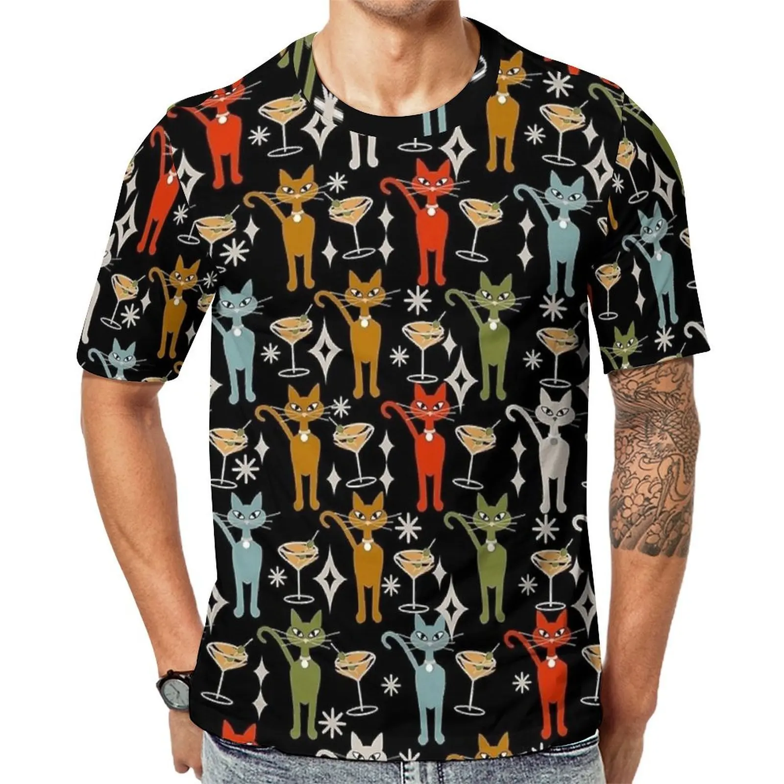 Party Hour Retro Cats Print on Black T Shirt  Retro T-Shirts Men Y2K Casual Tshirt Beach Short-Sleeve Custom Tops Plus Size 6XL