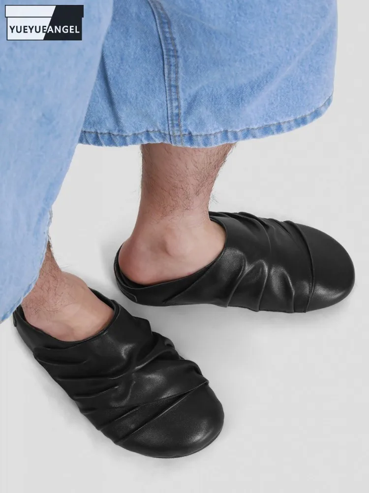 

Male Fashion Comfortable Round Toe Slip On Slippers Cowhide Fold Genuine Leather Business Casual Spring Summer Mens Work Shoes