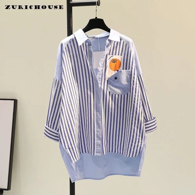 

ZURICHOUSE Casual Women Shirt Long Sleeve Loose Fit Asymmetrical Chic Tops Spring Summer Fashion Patchwork Striped Blouses