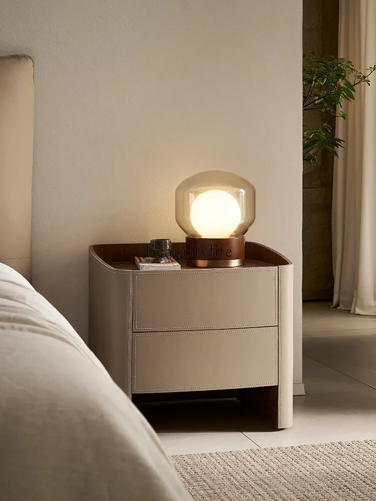 

Italian light luxury saddle leather solid wood bedside table for home useLX