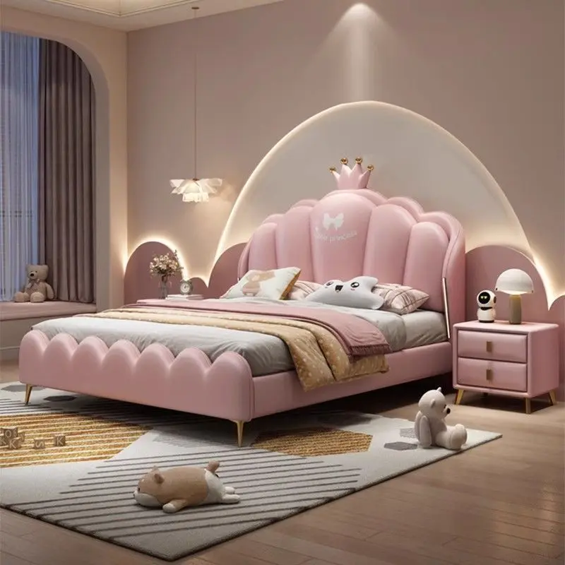 Cama suspensa infantil princesa menina, cama de couro macio coroa rosa