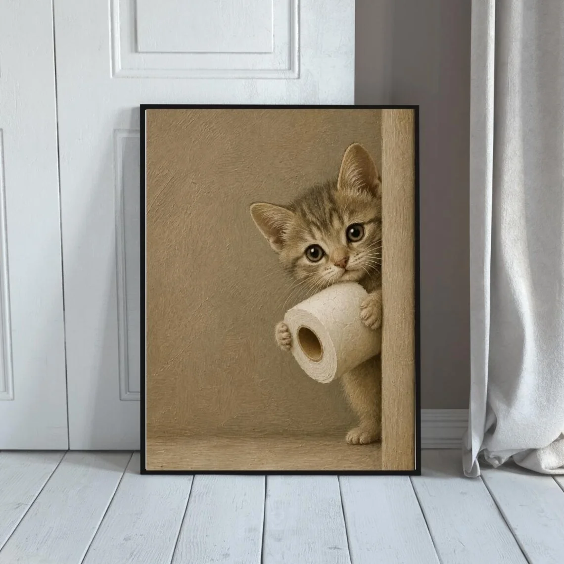 Funny Cat Bathroom Wall Art Printable, Toilet Paper Mouse Print, Whimsical Animal Decor, Vintage Digital Download