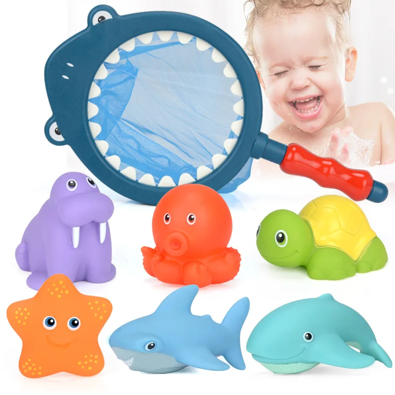 Baby Bath Toys Water Spraying Floating Animals Bathtub Toy Kids Game Pool Fish Net Swimming Playing for Bathroom Toddler Gifts