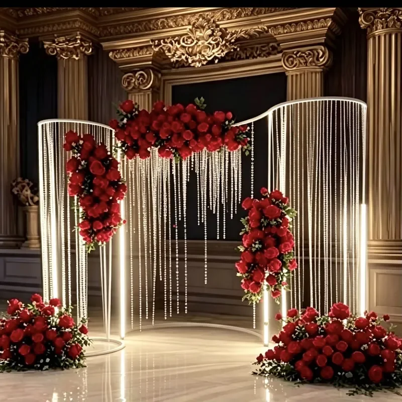 Curved Iron Metal Wedding Arch Stand With LED Light Crystal Bead String White Artificial Flower Wedding Stage Backdrop Decor