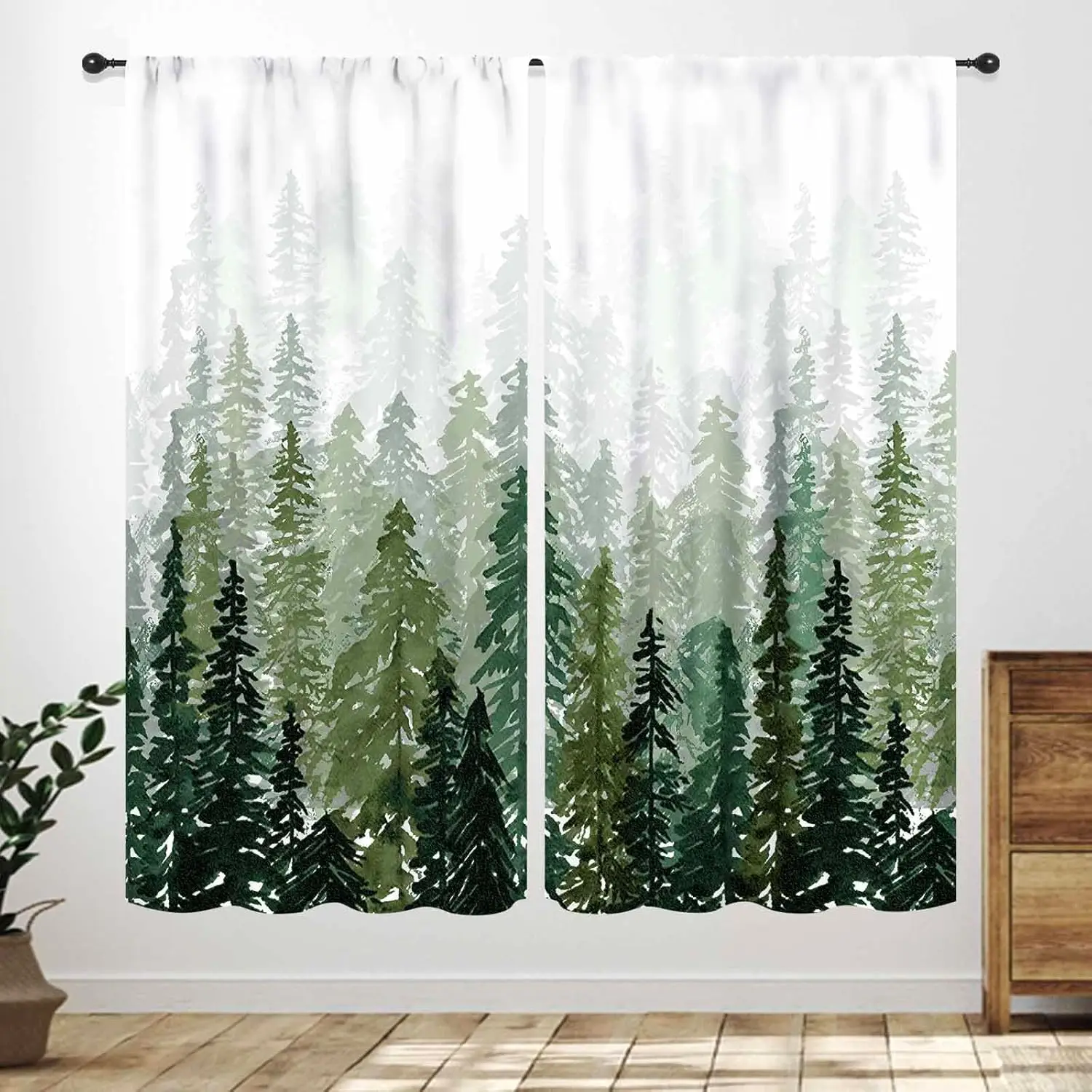 Forest Curtains,Watercolor Green Forest Pine Trees Natural Landscape Printed Drapes Treatments  Bedrooms Living Rooms Kitchens