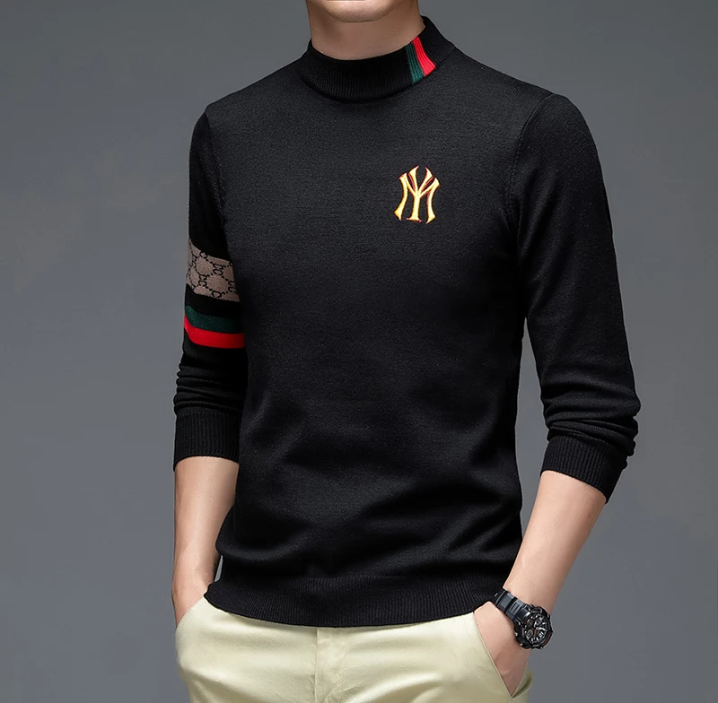

Мужской осенне-зимний вязаный базовый свитер с полувысоким воротником и длинными рукавами, однотонный свитер с вышивкой, молодежный модный свитер