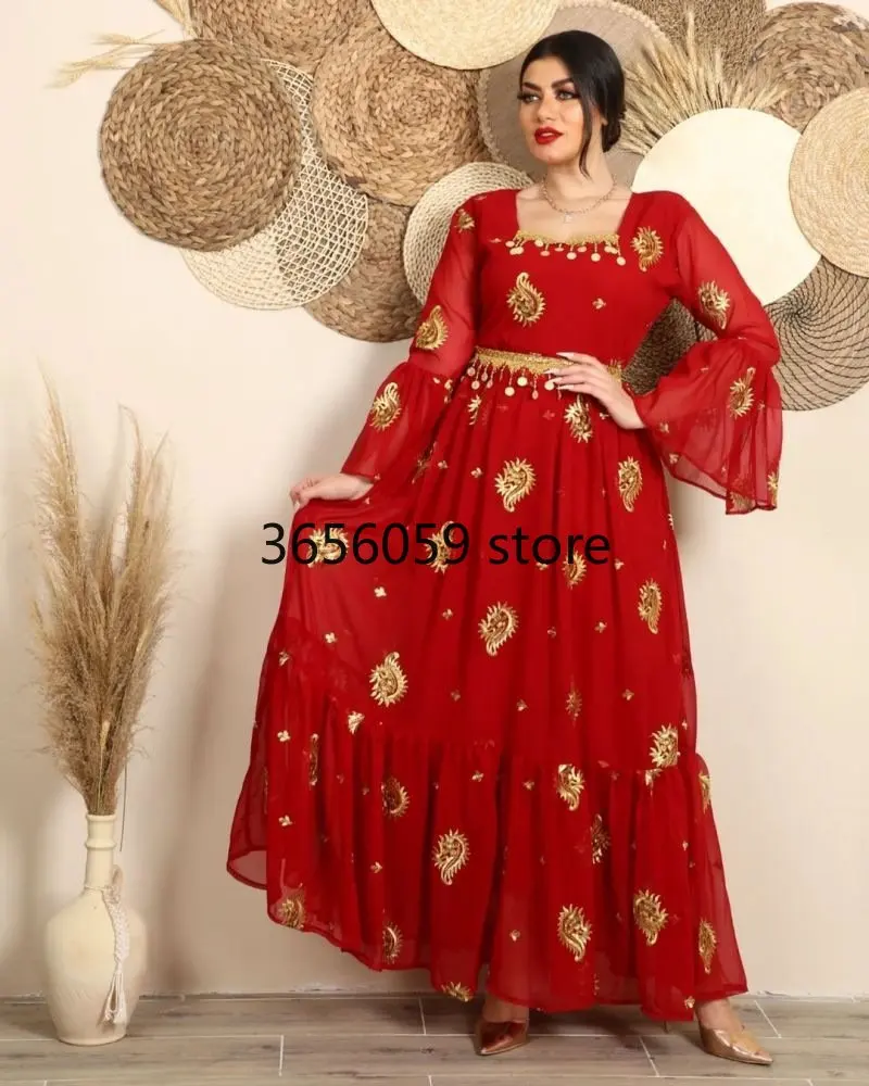 Charming Red Middle East Dress Robe Embroidery Flare Sleeves Square Neck Elegant Dubai Evening Gowns Abaya Jalabiya Autumn