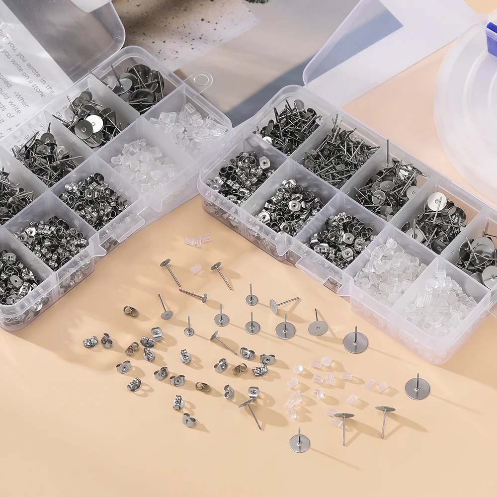 

1Box Stainless Steel Blank Post Earring Studs Base Pins Box With Earring Plug For DIY Jewelry Making Kits Jewelry Box