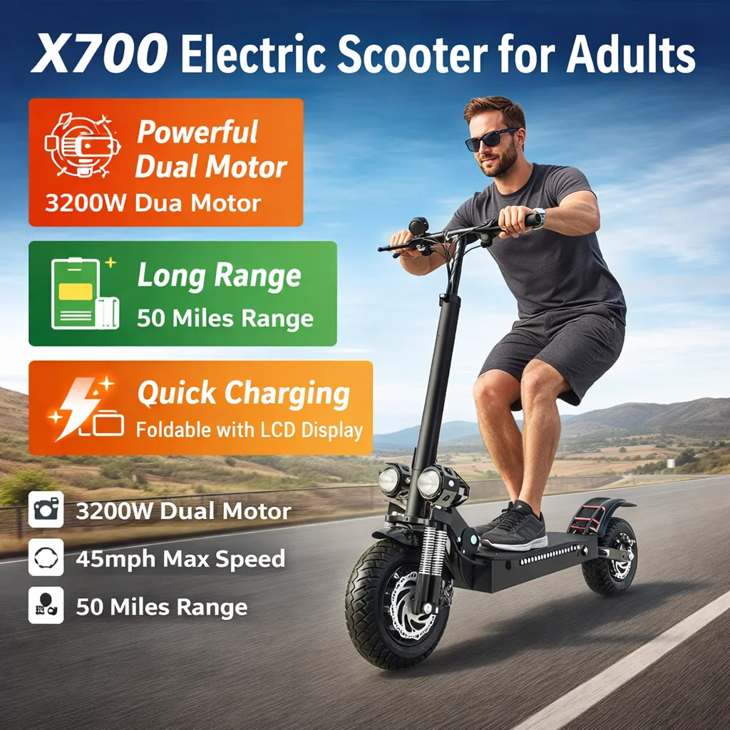 

Электросамокат X700 60V20ah 3200W с двумя моторами, максимальная скорость 45 миль/ч, запас хода 50 миль, складной, с LCD-дисплеем, для взрослых и детей.