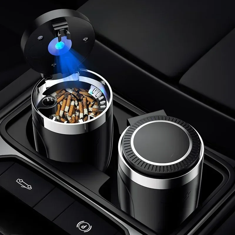 Car Ashtray With Lid Blue Led Smell Proof Portable Ashtray Cup For Auto Fireproof Shell One Touch Open Car Accessories