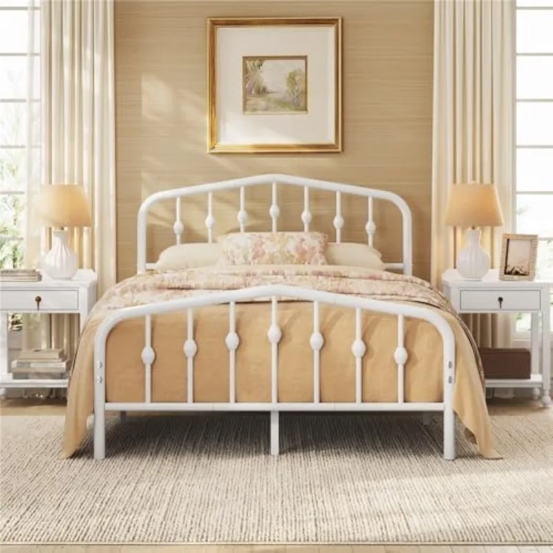 Full Platform Bed Frame, Victorian Crown Headboard, 800lb Capacity, 12.6" Under-Bed Space, No Box Spring Needed, White