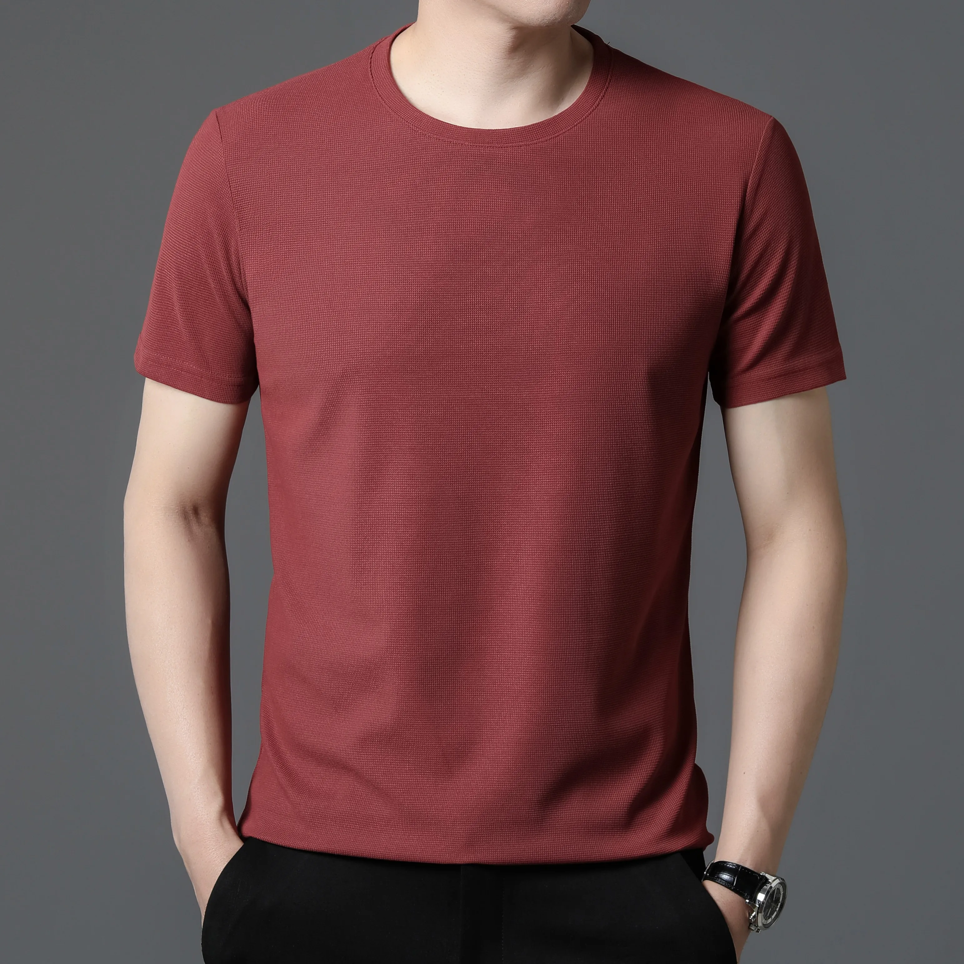 2023 Summer New Round Neck All-match Waffle Short Sleeves High-end Trendy T Shirt Designer T-shirt Tops Men Clothing Ropa Hombre