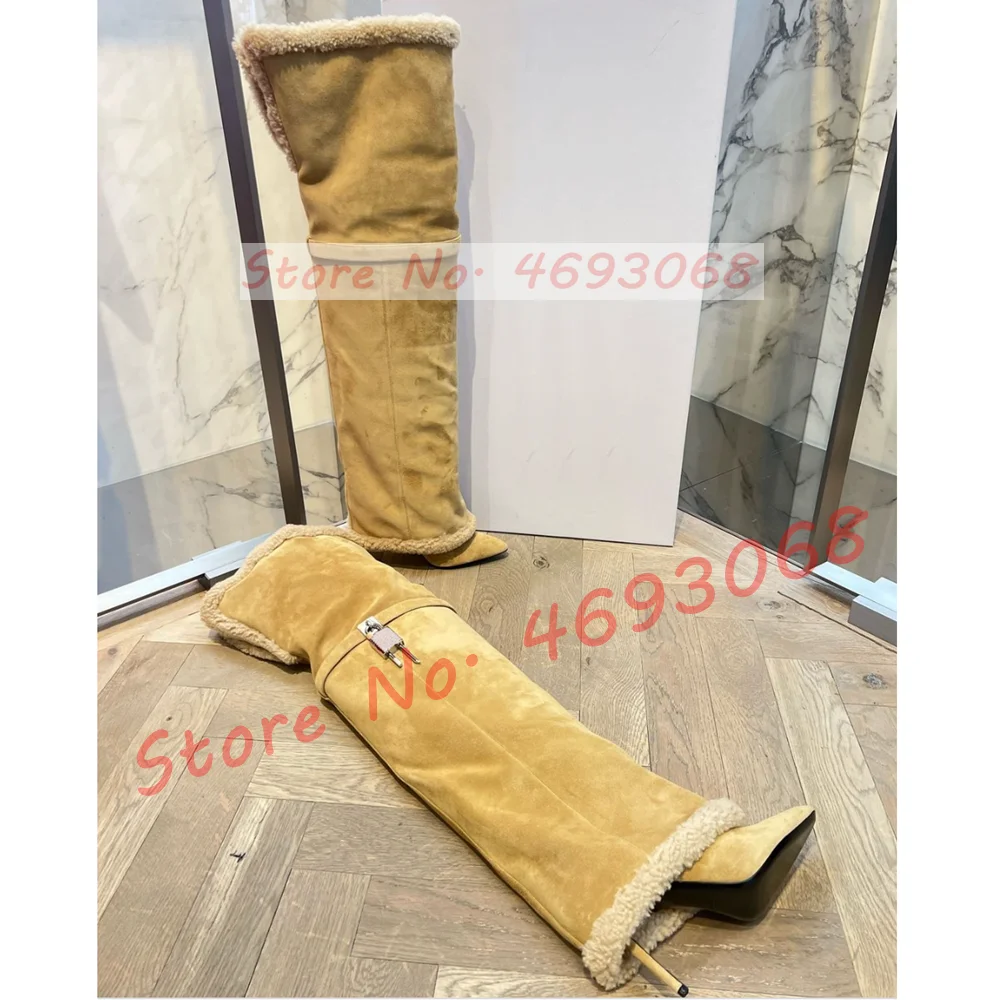 Khaki Suede Thigh High Boots With Plush Trims Women Stylish Metal Lock Pointy Toe Slim Boots Sexy High Heels Fold Over Shoes