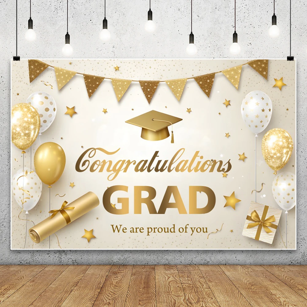مبروك خلفية تصوير غراد ، ديكور بالونات لامع ، ذهبي وأزرق ، قبعة البكالوريوس ، حفلة التخرج ، خلفية تصوير ضوئي