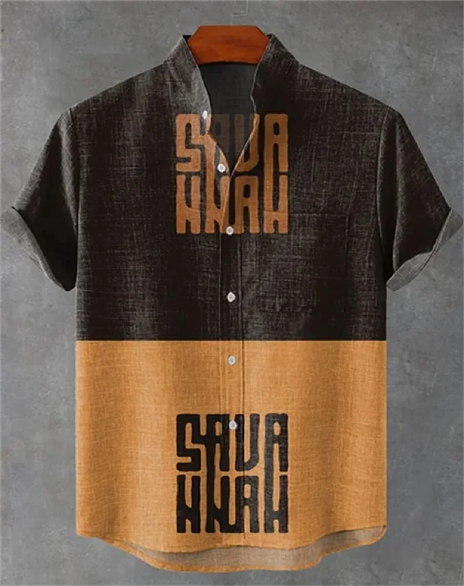 

Retro-style men's new linen short-sleeved shirt, casual and fashionable holiday streetwear men's printed shirt, casual ethnic tr