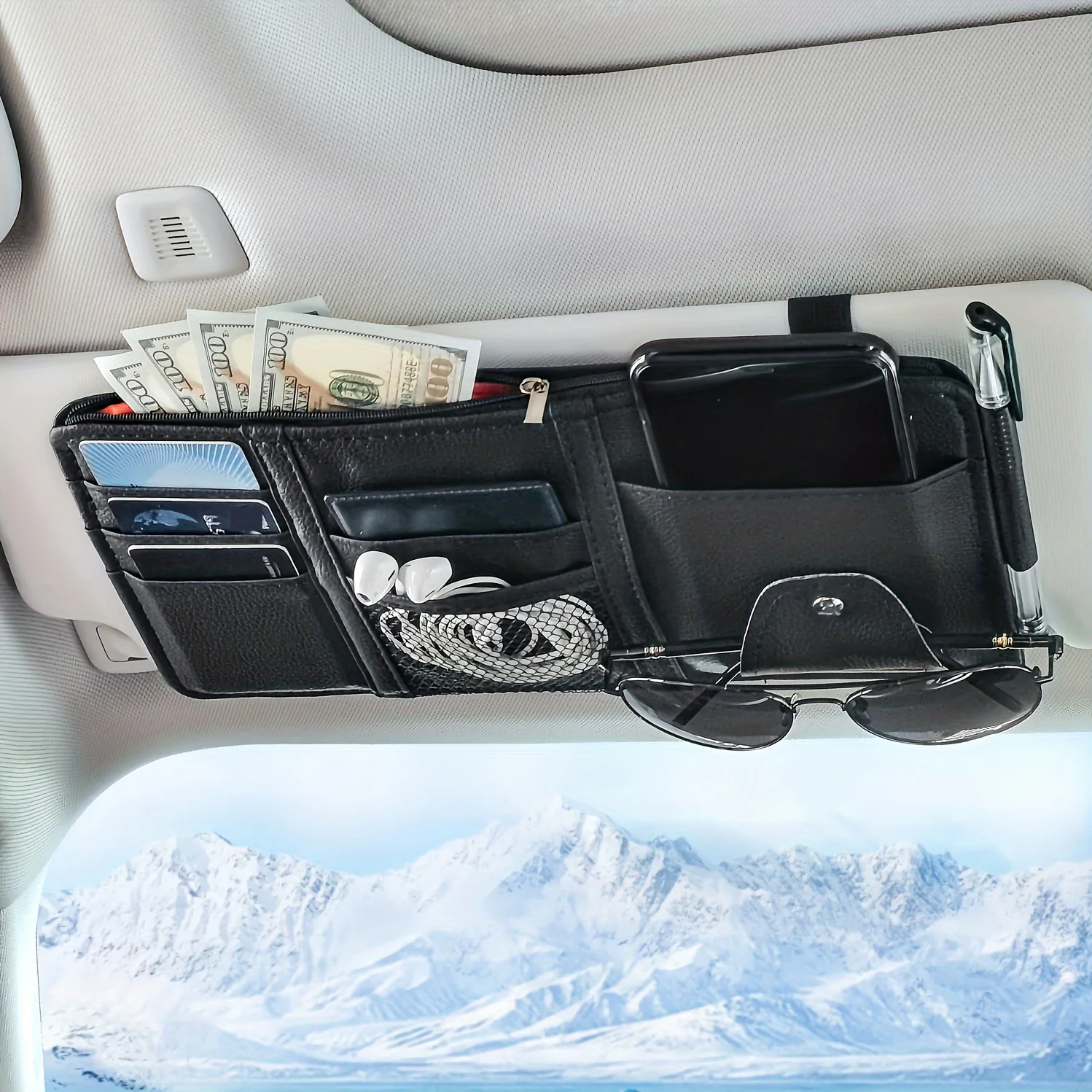 1pc Car Sun Visor Organizer Car Glasses Clip Storage Pocket Sunglasses Holder  Zipper Pocket For Car Truck Suv Auto