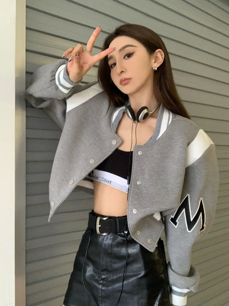 

Patchwork Women's Bomber Jacket Y2K Vintage Spring autumn Streetwear High Waist Cropped Top Uniform Baseball Coats veste femme