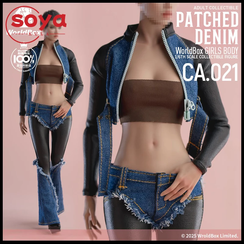 ชุดเสื้อแจ็คเก็ตยีนส์ลายปะติดสไตล์เรโทร Worldbox CA021 ขนาด 1/6 พร้อมกางเกง สำหรับตุ๊กตาแอ็คชั่นฟิกเกอร์หญิงขนาด 12 นิ้ว