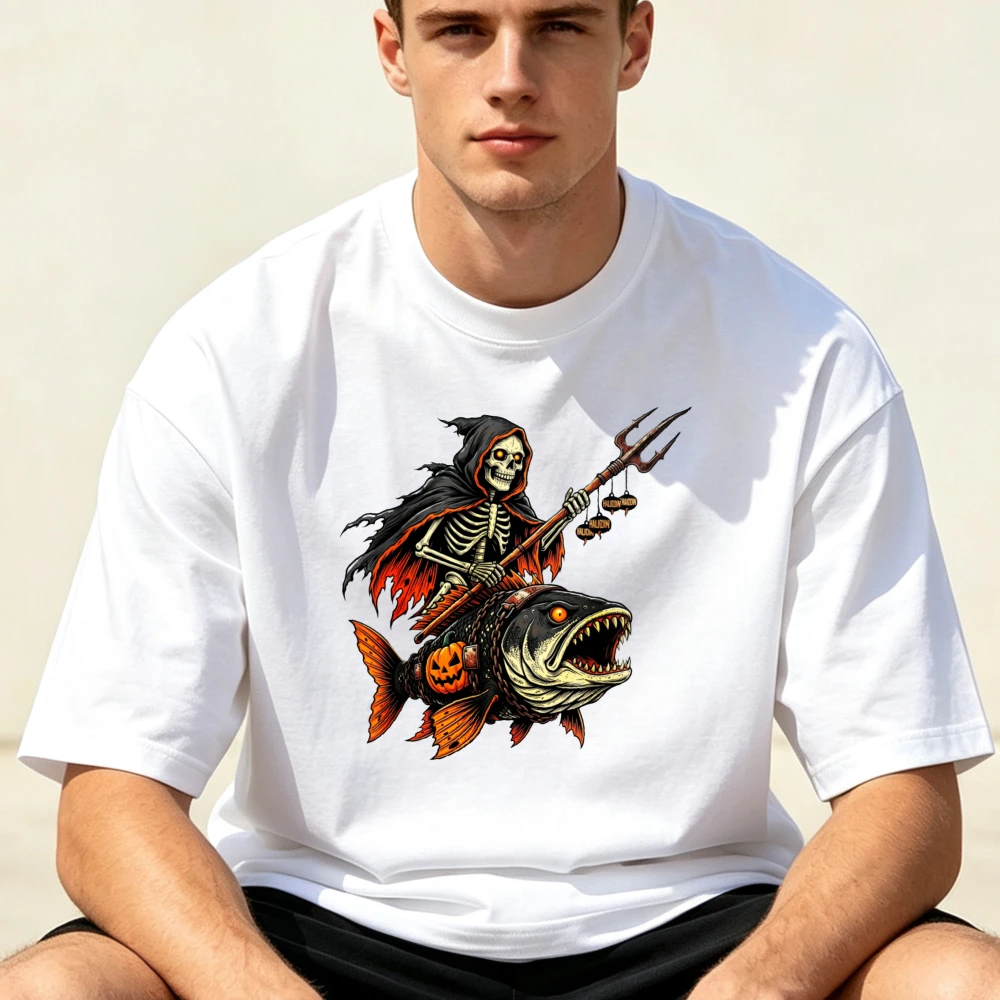 Halloween Grim Reaper Skeleton Riding Monster Fish Graphic Tshirt Pumpkin Trident Print Short Sleeve Round Neck Streetwear Tees