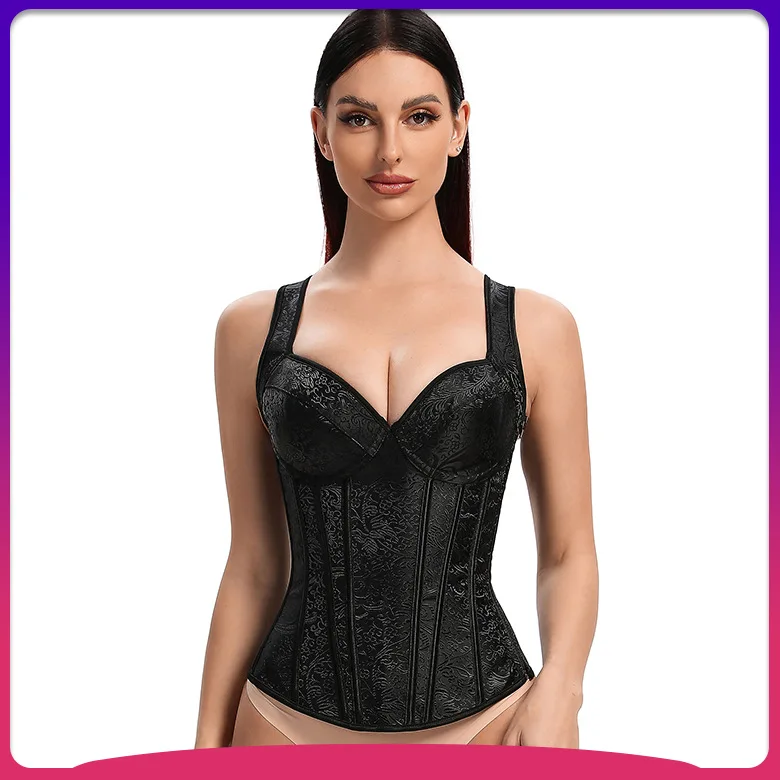 Women Corset with Straps Black Overbust Corset Plus Size Floral Jacquard Corset Zipper Top Gothic Steampunk Corset Bustier