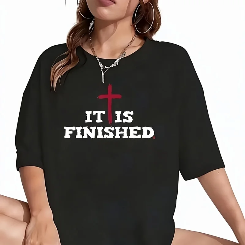 It Is Finished Inspirational Religious Christian Women's T-Shirt Funny Graphic Short Sleeve Tee Novelty Shirt Casual Crew Neck Top 100% Cotton S-5XL