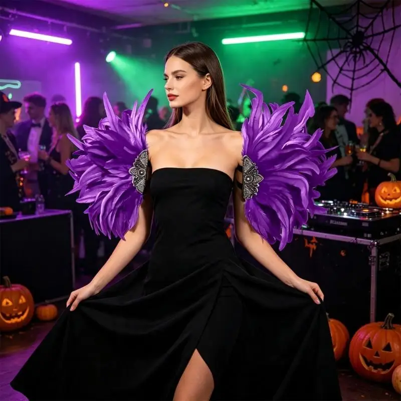 39BD Halloween Shoulder Accessory Pair for Costume Styling, Layered Fan with Beaded Accent for Cosplay Looks